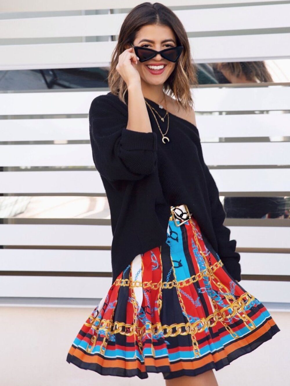 Zara Chain Print Pleated Skirt Mini Black Red Belted L